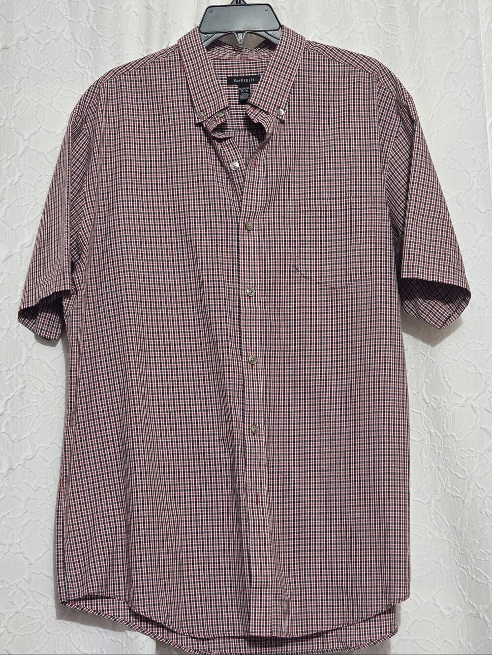 Van Heusen Mens Shirt Classic Fit XLarge 17-17.5 Red/Black Plaid Short Sleeve - Picture 4 of 6
